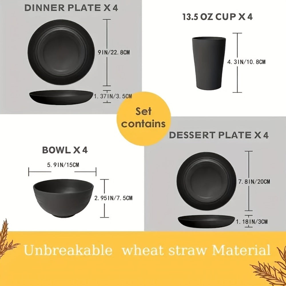 Wheat Straw Dinnerware Set 32/16pcs, Unbreakable Plastic Plates Bowls Cups, Colorful Outdoor Camping Dishes Service for 8