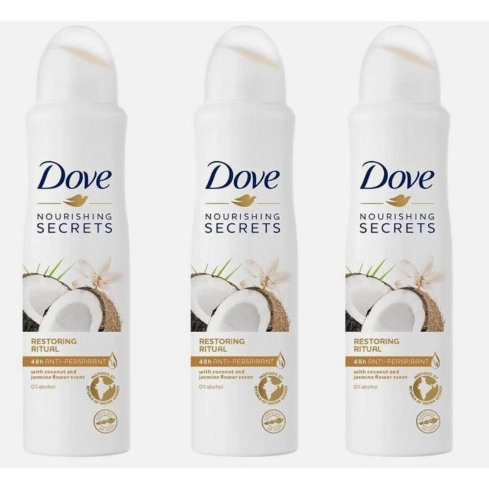 Dove Antiperspirant Deodorant Spray 3-Pack Coconut Jasmine Restoring Ritual 150ml Each ¨C 48-Hour Sweat & Odor Protection with Moisturizing Formula for Women Tropical Fragrance Body Spray
