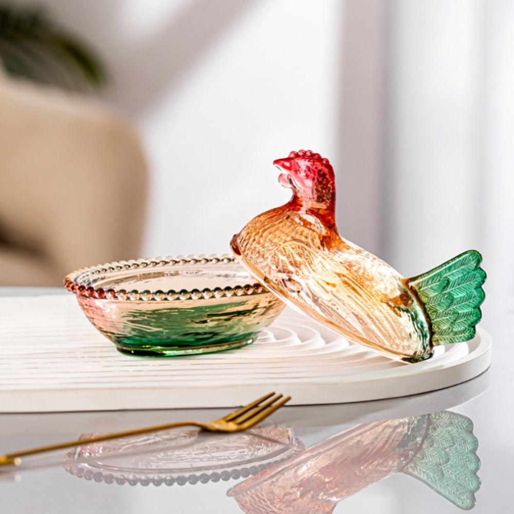 Chicken Shaped Glass Storage Jar with Lid Decorative Pearl Hen Candy Jar Reusable Desktop Organizer for Candy Fruit Snacks Kitchen Counter Home Decor Gift