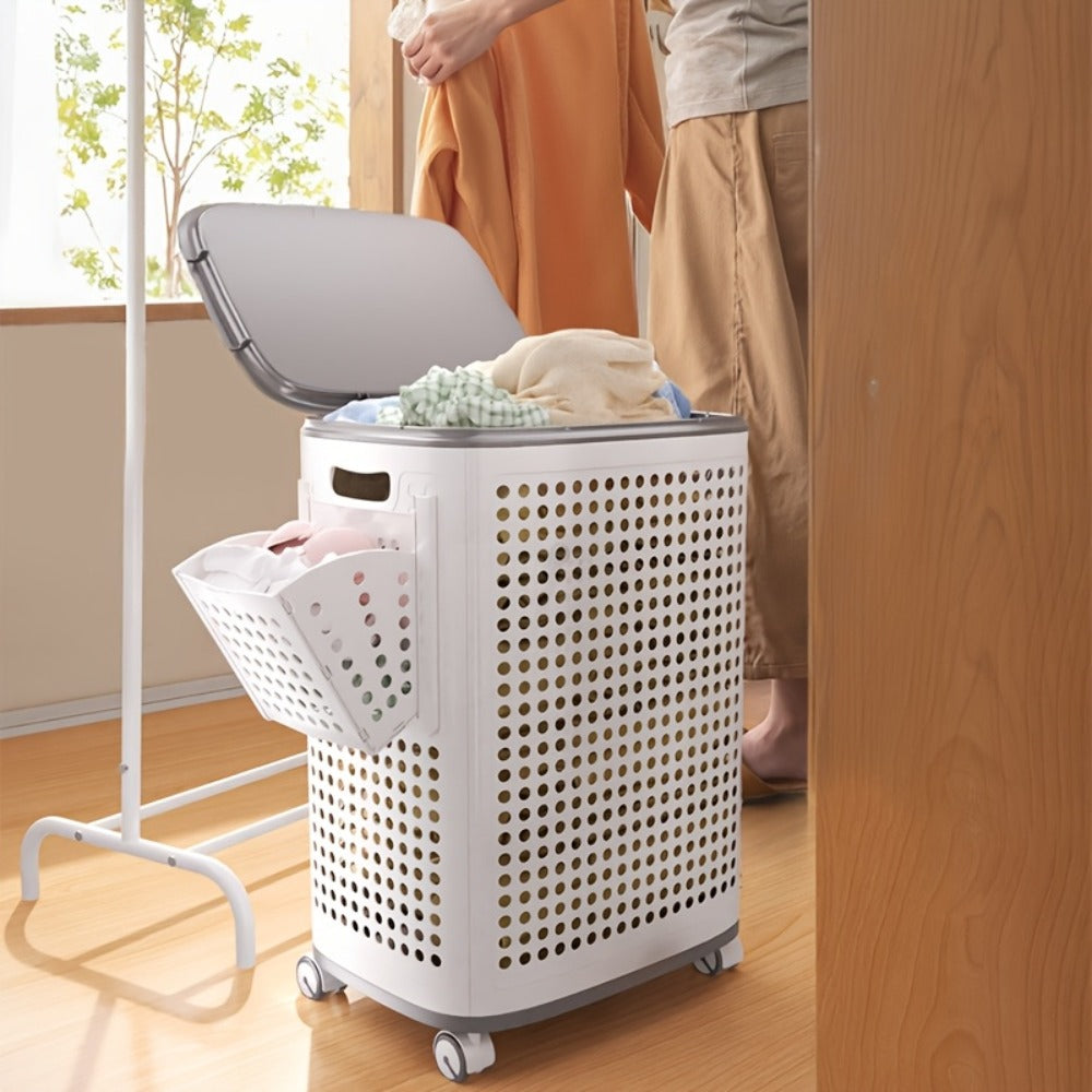 Rolling Laundry Basket with Lid and Wheels ¨C Large Foldable Ventilated Storage Bin with Lockable Casters, Removable Inner Basket for Underwear, Space-Saving Clothes Hamper for Bedroom & Bathroom