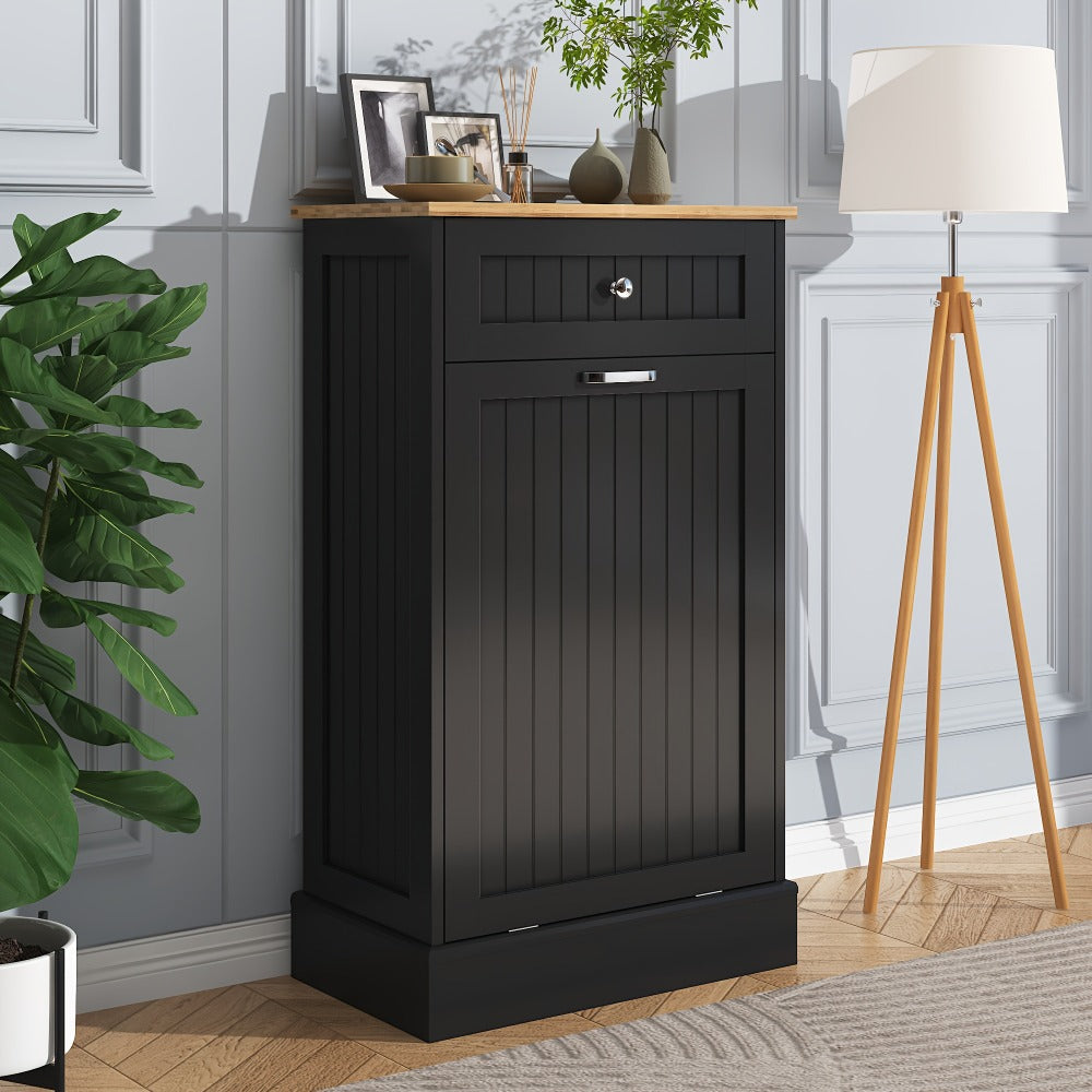 Tilt Out Trash Cabinet Freestanding Kitchen Garbage Cabinet with Cutting Board & Drawer ¨C Wood Hideaway Recycling Station, Fits 10 Gal, Black/White