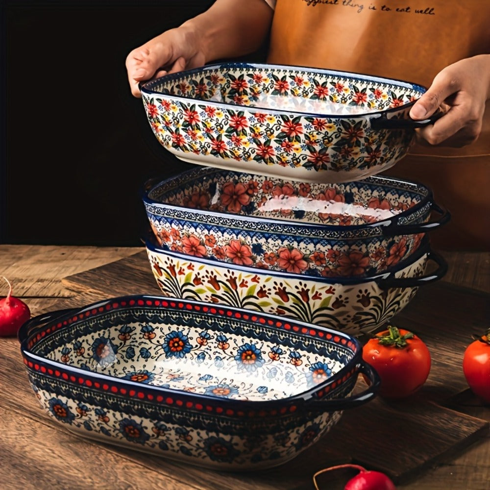 Ceramic Baking Dish Set of 2 Large 13 Inch Rectangular Casserole Dish Porcelain Bohemian Bakeware for Lasagna Roasting Casseroles Oven Safe Red Blue Yellow