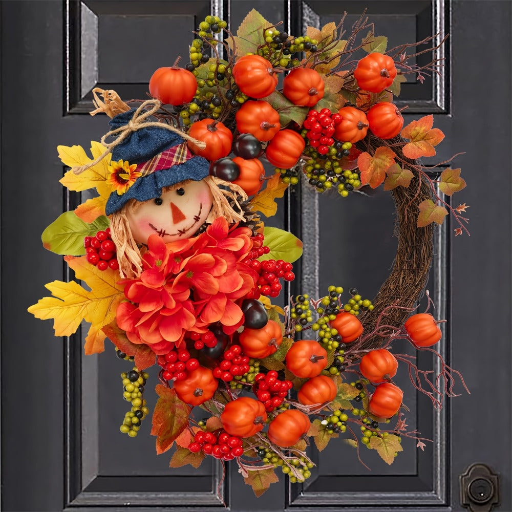 Fall Wreath for Front Door Autumn Thanksgiving Pumpkin Leaves Floral Doll Wreath Indoor Outdoor Wall Window Holiday Home Decor Christmas