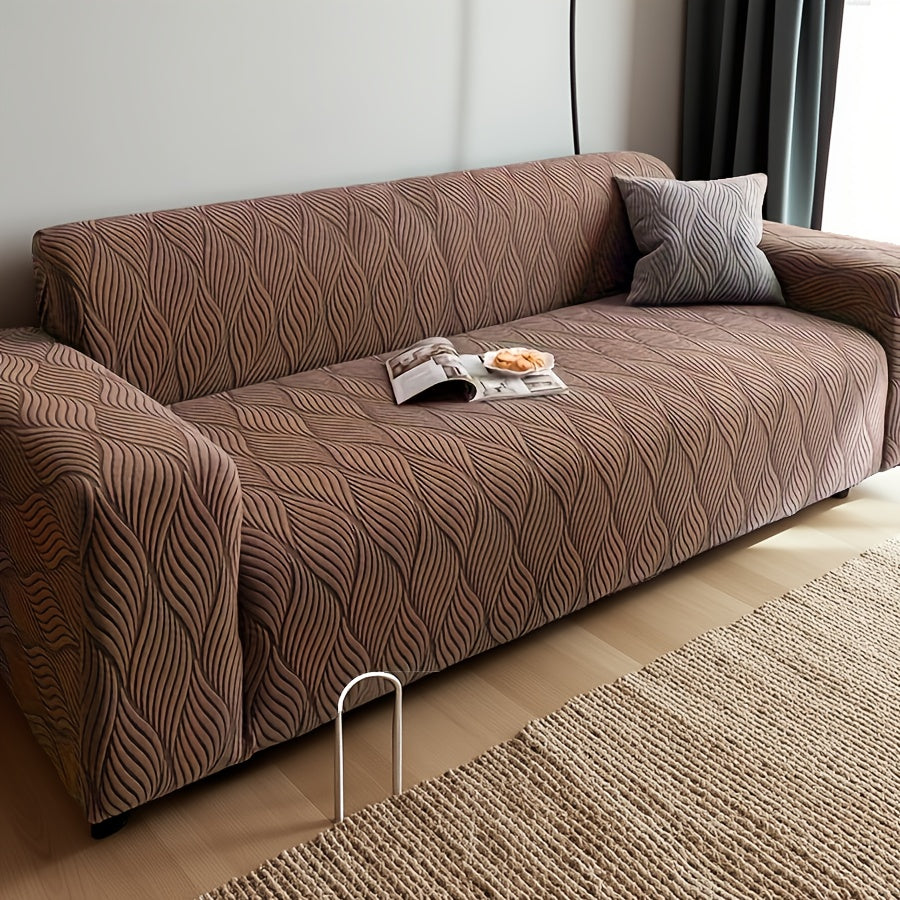Polar Fleece Sofa Cover Modern Jacquard Elastic Slip-Resistant All Season Furniture Protector for Living Room Office Bedroom - 1 2 3 4 Seater with Free Matching Pillowcase