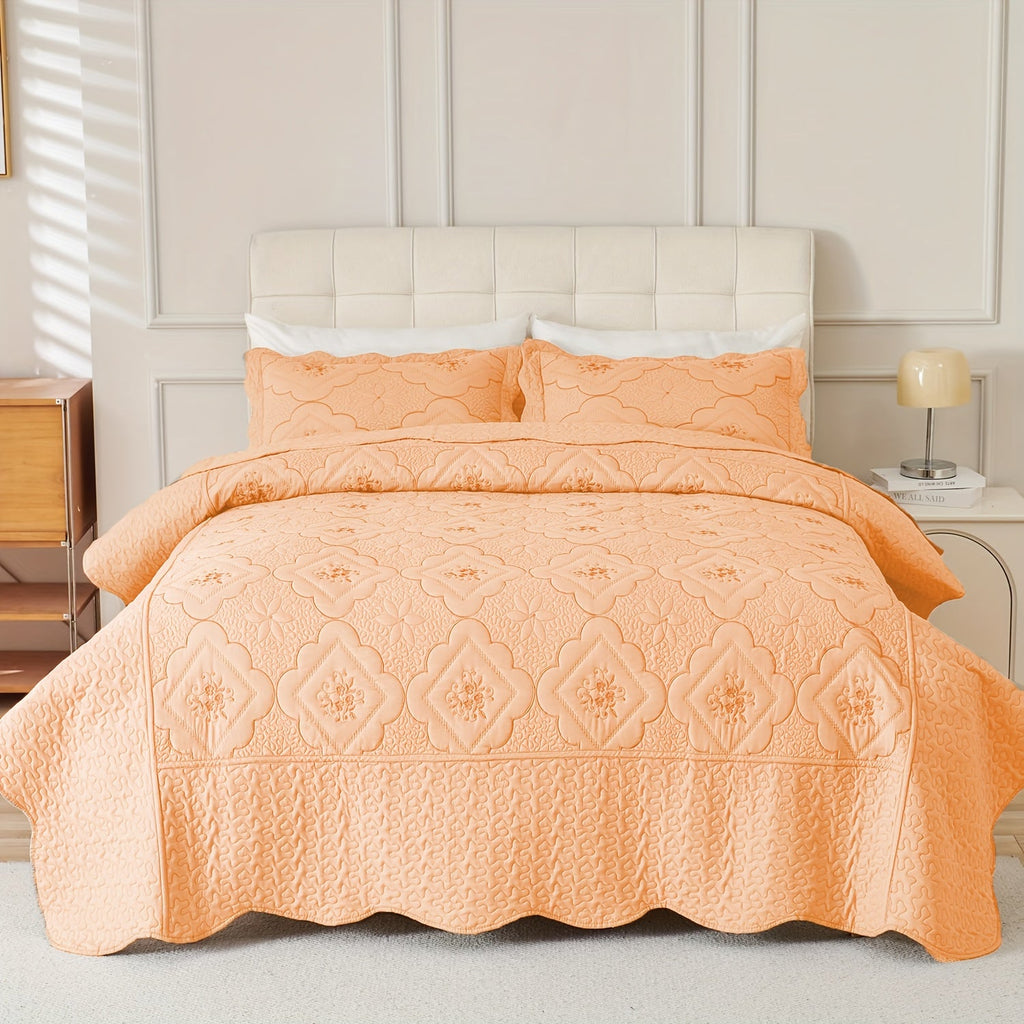 Quilt Set 3 Piece Floral Embroidery Bedspread - 100% Polyester Wrinkle Resistant Lightweight Quilted Coverlet with 2 Pillow Shams for Full Queen King Bed, Elegant Bedroom Decor in 19 Colors