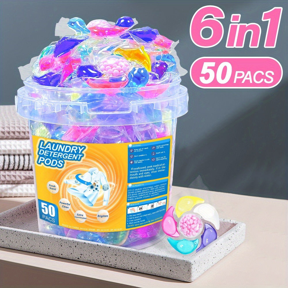 Laundry Detergent Pods 50 Count 6-in-1 Laundry Beads Stain Removal Long-Lasting Fragrance Freshening Beads Deep Clean Fabric Softening Brightening All-in-One Laundry Pods 1 Box
