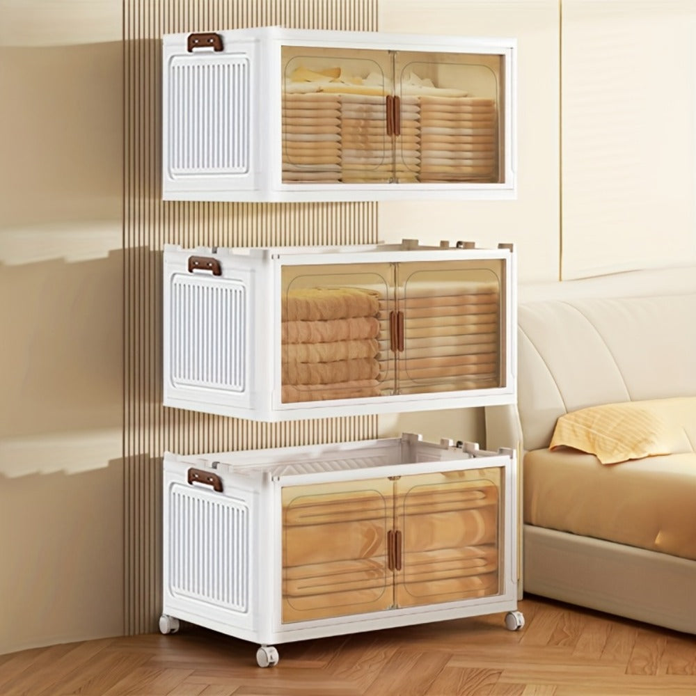 Folding Storage Cabinet 1-6 Tier Collapsible Stackable Organizer with Wheels and Lids - Extra Large Foldable Storage Locker for Closet Bedroom Office Kitchen 50CM Wide