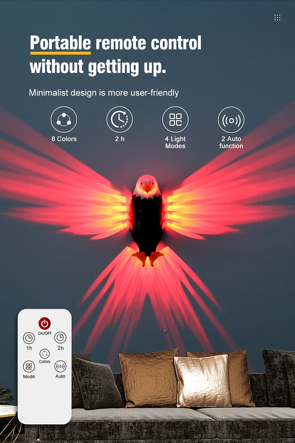 Eagle LED Wall Lamp ¨C Colorful Ambient Night Light with Motion Sensor, Rechargeable Battery, Remote Control & Magnetic Wall Mount for Bedroom Living Room Corridor Hallway Decor (Black)