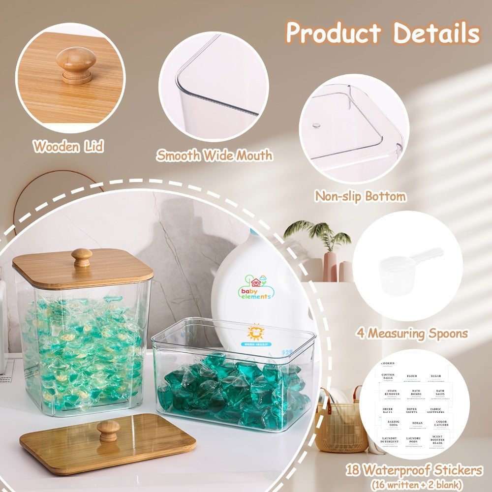 Laundry Pod Containers Set of 4 with Lids Scoops and Labels ¨C Laundry Room Organization Storage Canisters for Pods Detergent Dryer Balls Scent Beads Mixed Color