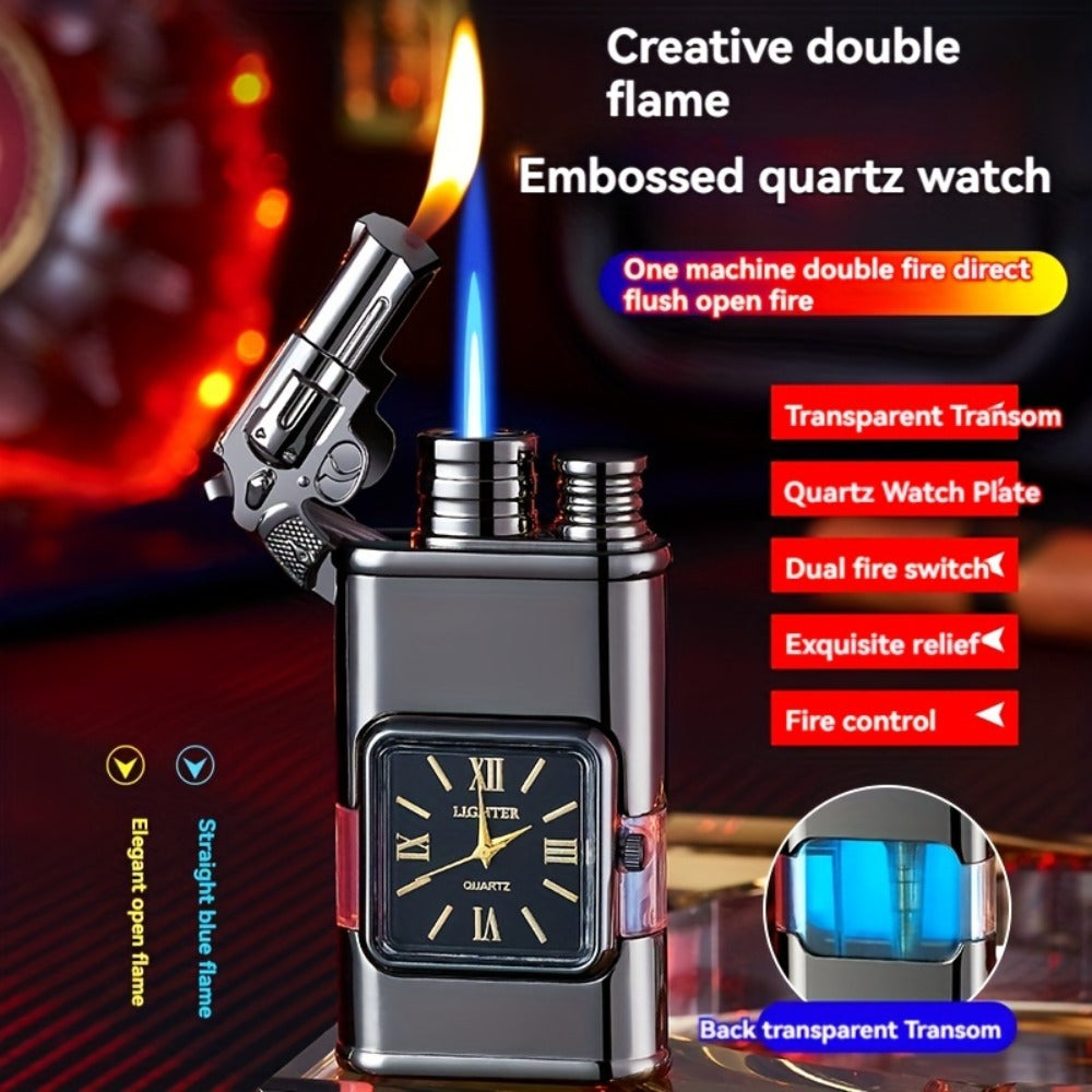 Double Flame Retro Metal Lighter Windproof Refillable Butane Outdoor Portable Quartz Ignition Dragon Eagle Gun Type Ice Golden Bronze Mahogany Creative Men Gift Box Packaging