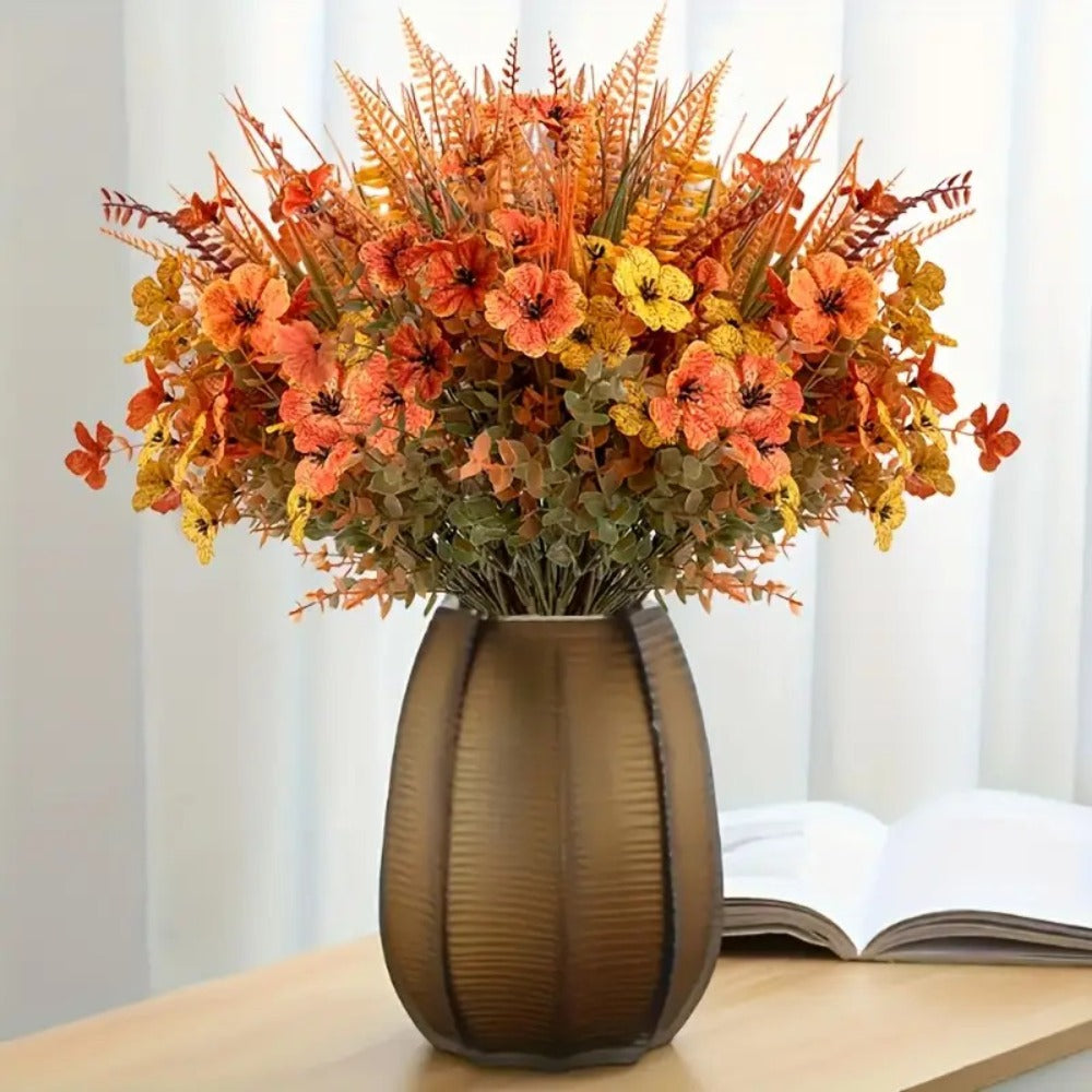 Artificial Autumn Flowers Set of 8 UV Resistant Fake Fall Floral Stems Mix Colors Indoor Outdoor Home Decor Vase Arrangement Fireplace Porch Garden Living Room