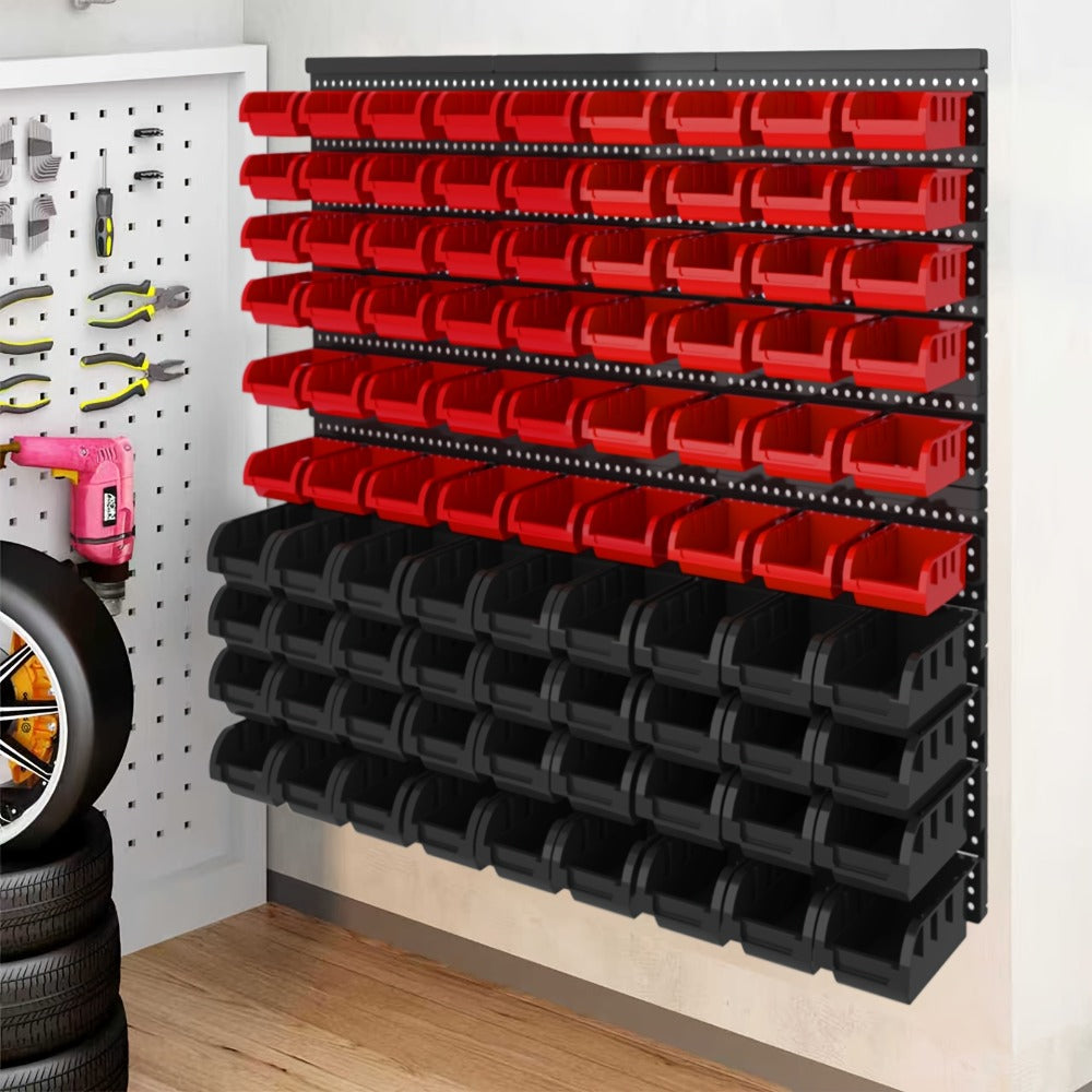 Wall Mounted Storage Bin Rack System ¨C Heavy Duty Small Parts Organizer for Screws, Nuts, Bolts & Nails | Stackable Garage Workshop Tool Storage Rack | 30/60/90 Bins Hardware Organizer
