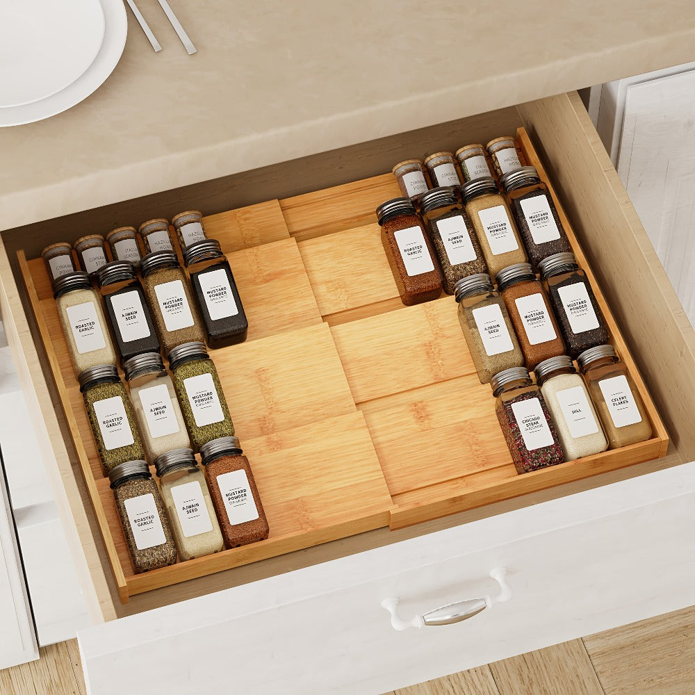 Bamboo Spice Drawer Organizer Expandable 4-Tier | Adjustable Width 12¡±-23¡± Fits 3¡± Deep Drawers | Space-Saving Kitchen Cabinet Seasoning Storage Tray for Spice Jars Bottles