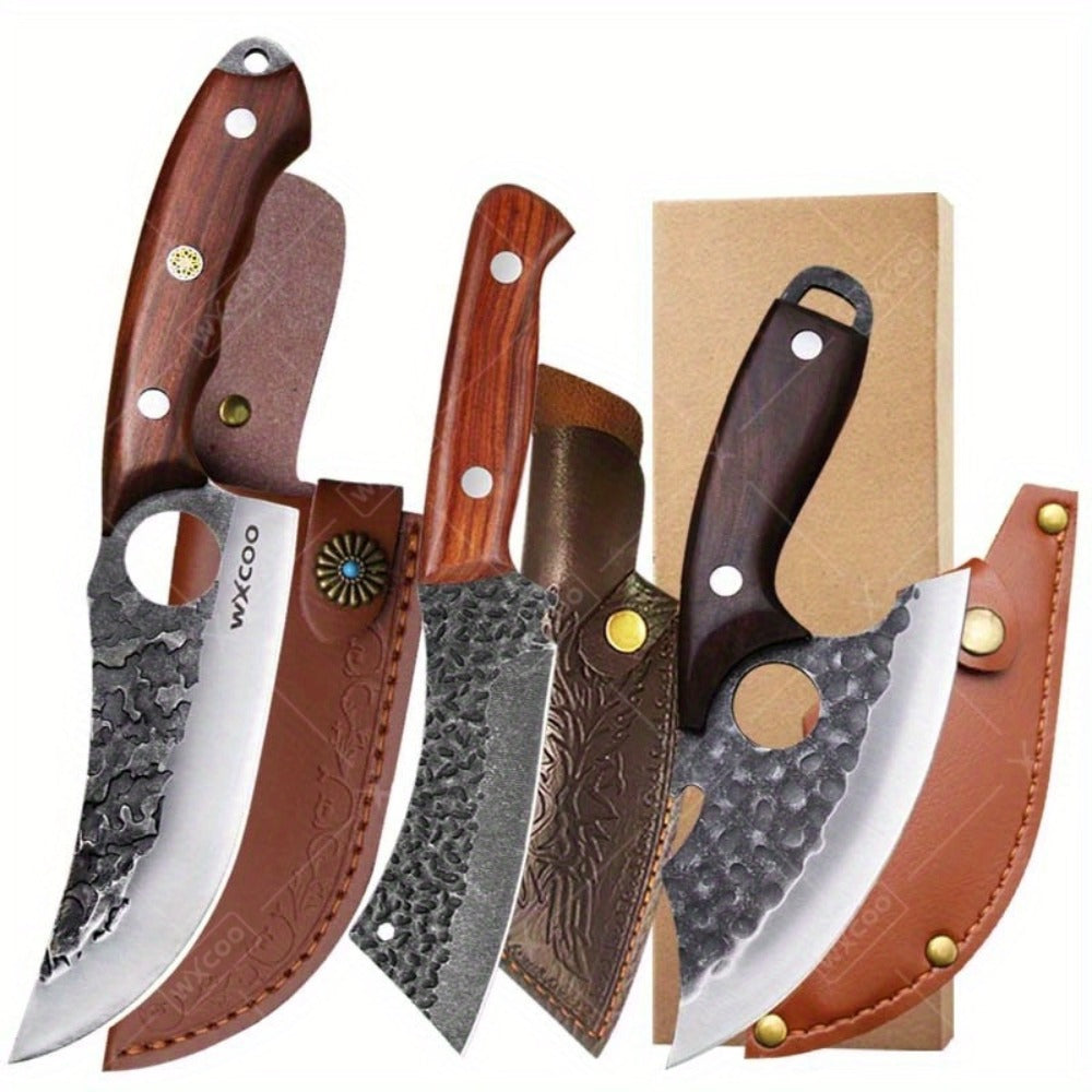 Kitchen Chef Knife Set 3 Piece Stainless Steel - Sharp Boning Knife, Utility Knife & BBQ Knife with Hammered Blade, Wood Handle, Full Tang, Multipurpose Cooking Knives for Meat Vegetables
