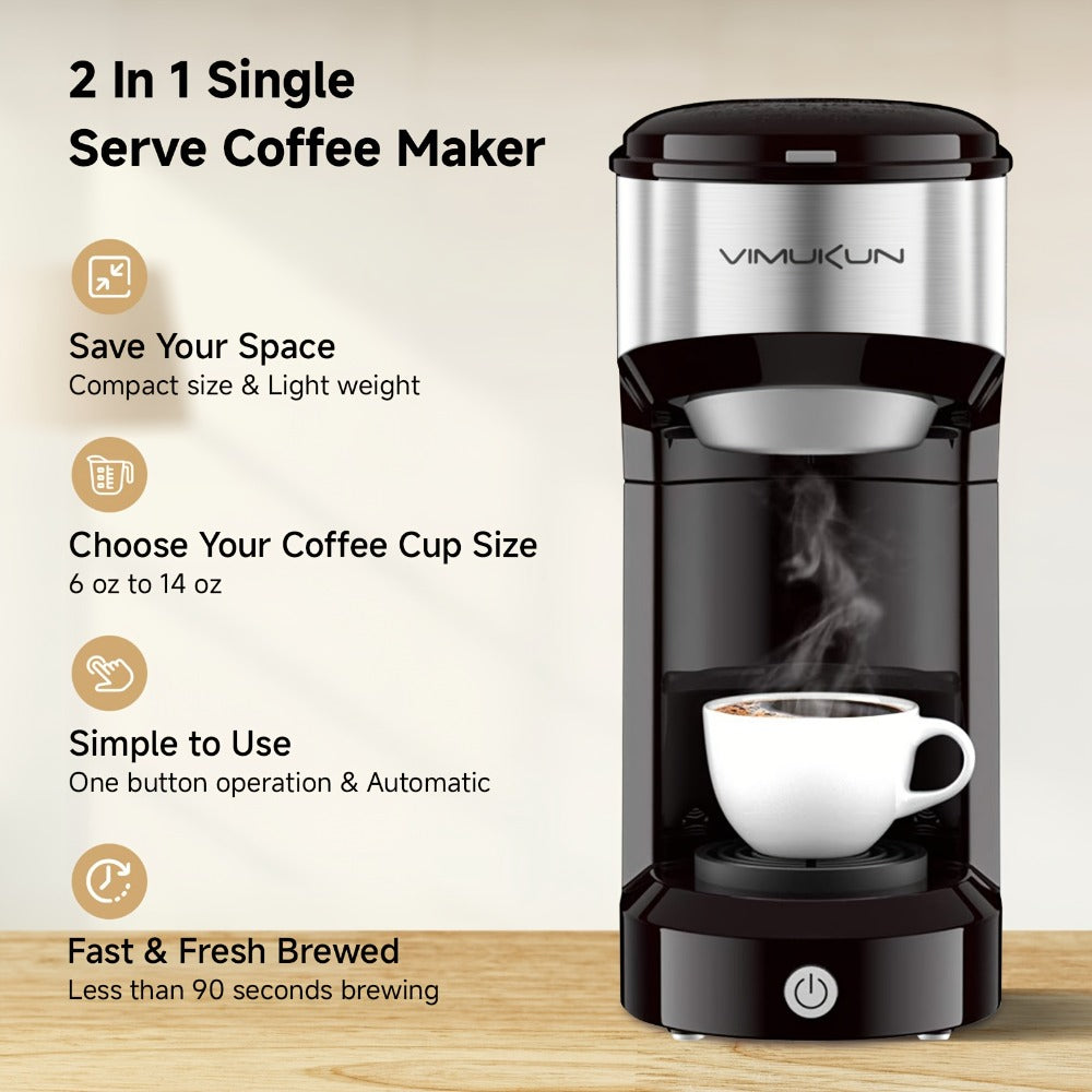 Coffee Brewer Single Serve for K-Cup Pods and Ground Coffee 6-14oz Reservoir One-Button Operation Auto Shut-Off Compact Coffee Maker for Home Office Dorm Travel 120V