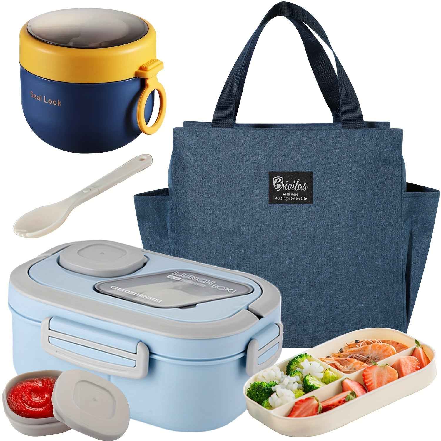 2-Layer Bento Lunch Box Set with Cup and Meal Bag - Multi-Grid Lunch Box for School, Office & Outdoor Picnics, Food Storage Container with Milk Cup, Salad Cup, Coffee Cup or Soup Bowl, Pink Blue Green White