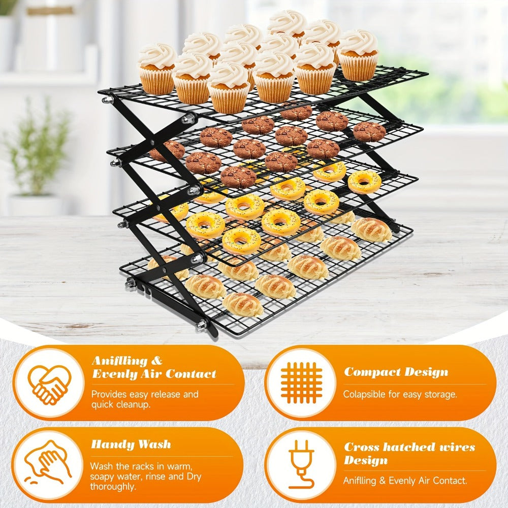 Foldable Cooling Rack for Baking, Stackable Wire Baking Rack with 4-Position Height Adjustment, Collapsible Metal Drying Rack for Cookies Cakes Bread, Camping Grill Rack