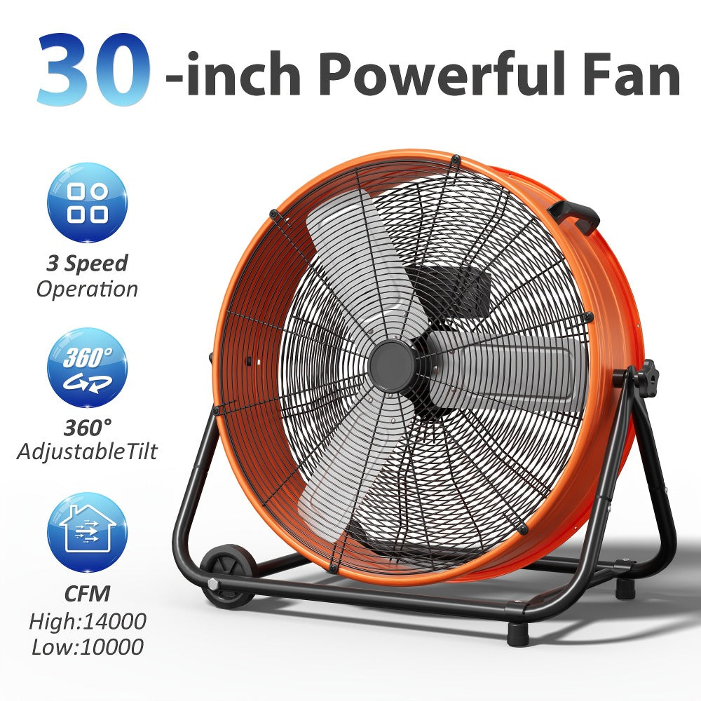 Industrial Drum Fan 24 & 30 Inch | High Velocity Floor Fan 9460-14000 CFM, 3-Speed Air Circulator with 180¡ã Tilt for Warehouse, Garage, Workshop, Job Site & Large Space Cooling ¨C Multiple Colors