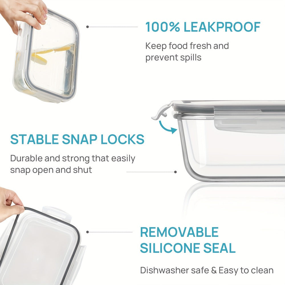Borosilicate Glass Food Storage Containers 2-Pack 63oz 1860ml Large Airtight Snap Lid Meal Prep Baking Dish Microwave Oven Freezer Dishwasher Safe Green Gray