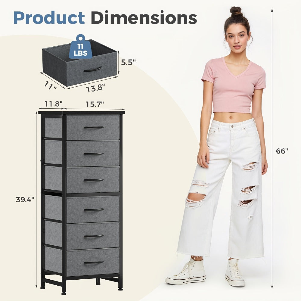 6 Drawer Fabric Dresser with Steel Frame Wooden Top - Storage Chest Organizer for Bedroom Closet Hallway Living Room