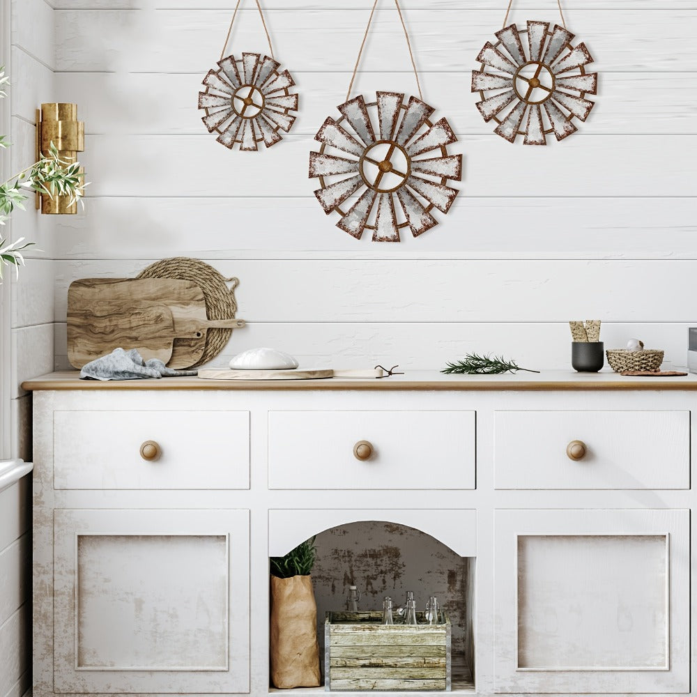 Bohemian Wood Windmill Wall Decor 3 Pack Rustic Wooden Wind Turbine Hanging Sculptures Farmhouse Wall Art for Living Room Bedroom Nursery Boho Home Decoration Indoor Outdoor Accent