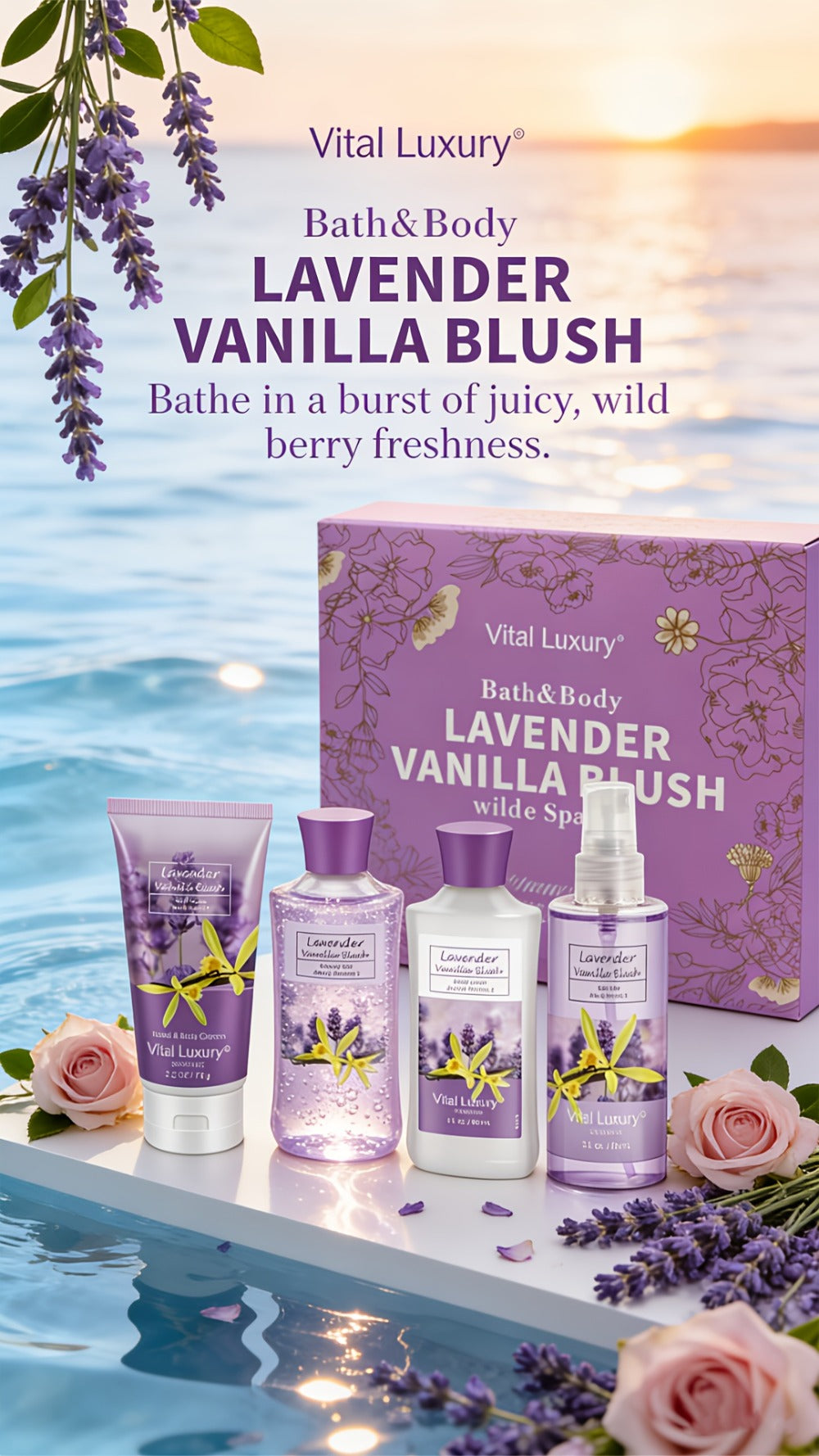 Luxury Bath Gift Set for Women 4pcs Lavender Vanilla Body Care Kit Shower Gel Body Lotion Body Cream Fragrance Mist for Mom Wife Girlfriend All Skin Types
