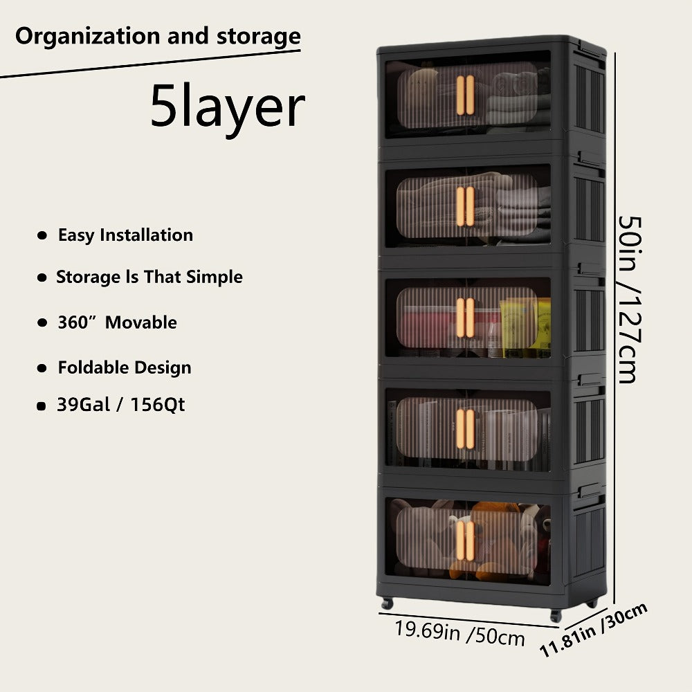 Rolling Storage Cart 4 5 Tier Double Door Collapsible Stackable Plastic Organizer with 360 Lockable Wheels Space Saving Bin for Dorm Office Closet Bedroom Garage Gym