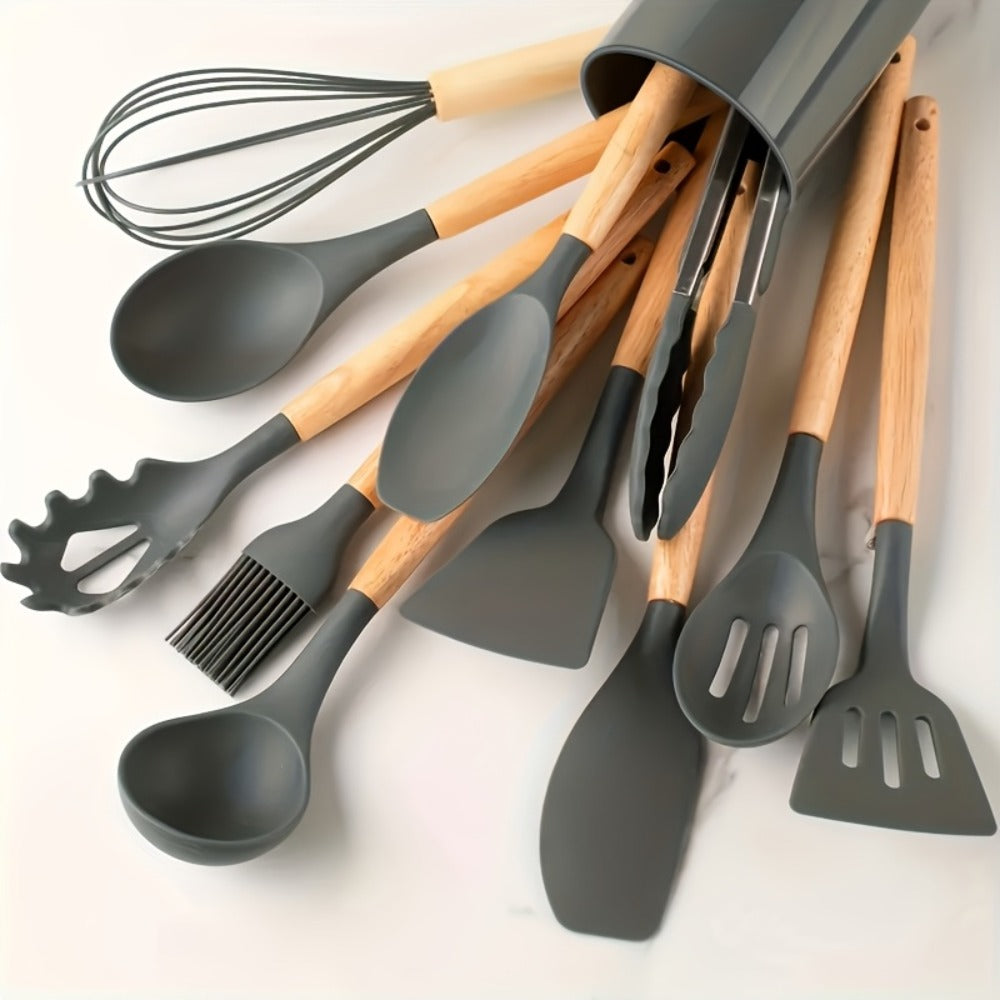 Silicone Kitchen Utensil Set 13 Piece with Wooden Handles Non-Stick Safe Heat Resistant Cooking Tools Spatula Spoon Ladle Set for Cooking Baking Dorm Essentials