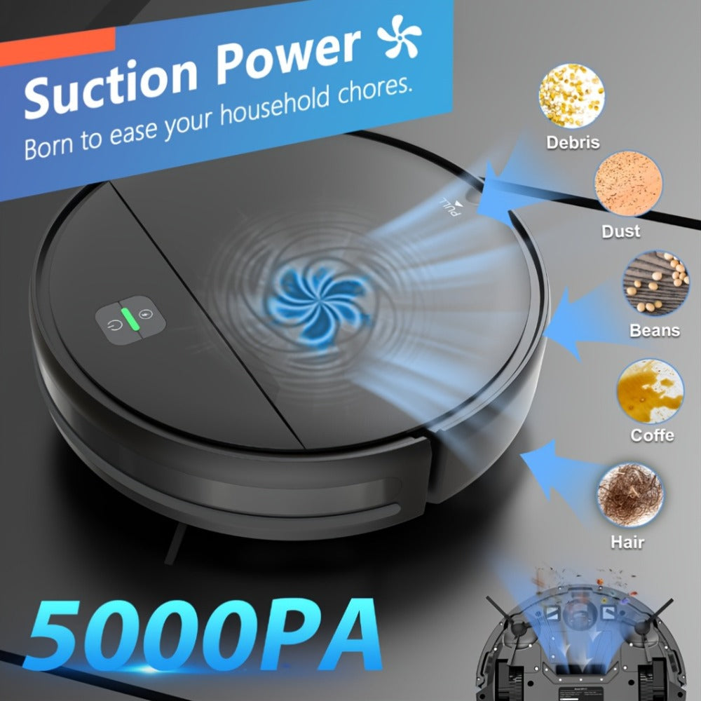 Robot Vacuum Cleaner 5000Pa 3-in-1 Sweep Vacuum Mop with Auto Charging App Voice Control Fixed-Point Cleaning Water Tank Dust Box Smart Home Floor Cleaner for Carpet Hard Floor Pet Hair