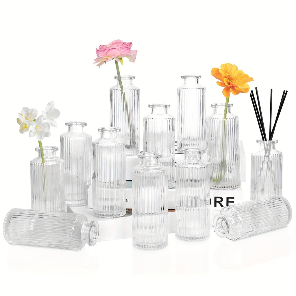 Mini Bud Vases Set - Modern Striped Clear Glass Flower Vases for Wedding Centerpieces, Birthday Party, Anniversary, Home Table Decor, Multiple Sizes 12/24/36 Pcs