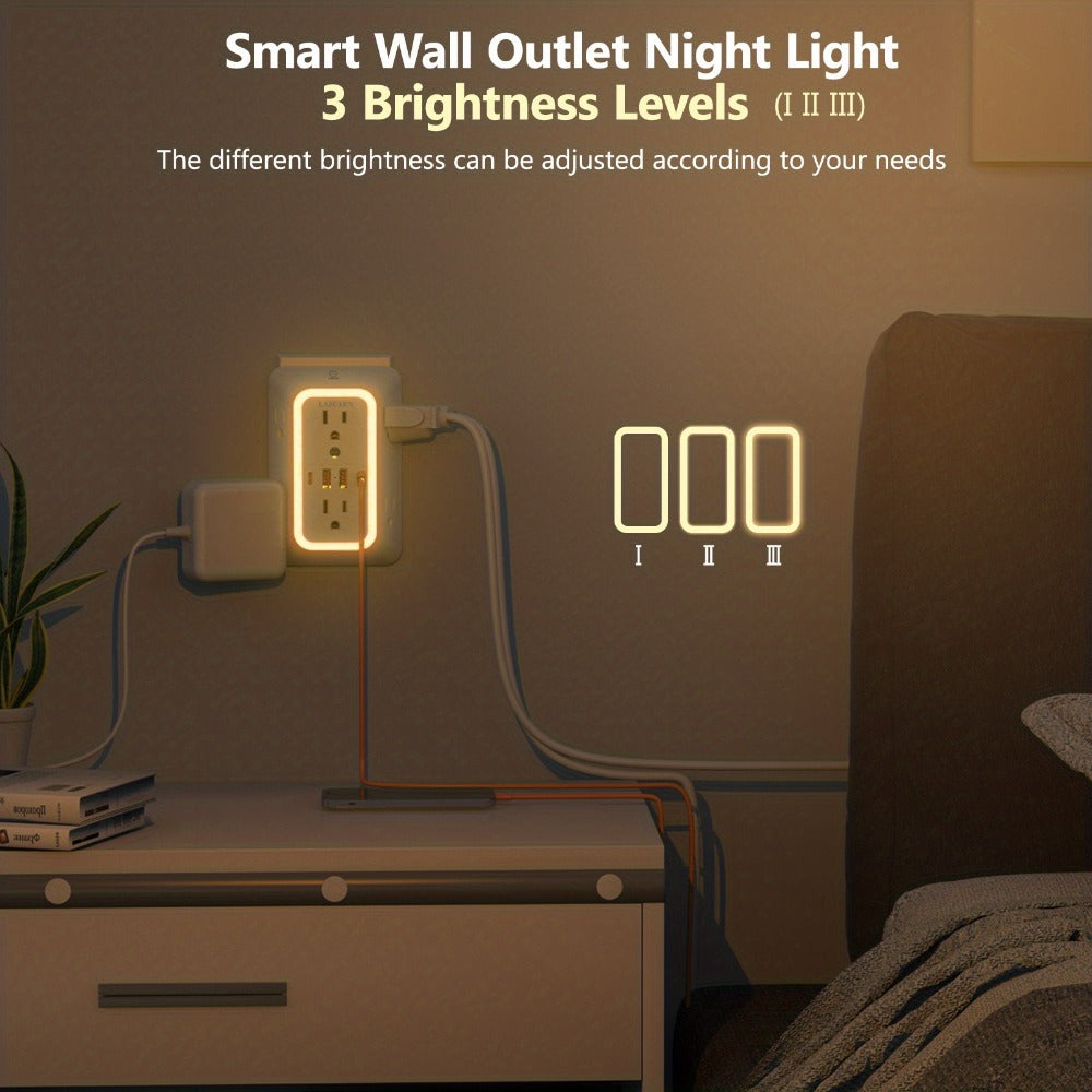 Outlet Splitter Wall Expander 10-in-1 with 6 AC Outlets 2 USB-A 2 USB-C Ports 3-Sided Plug Extender Surge Protector Night Light Compact Space-Saving Design for Home Dorm Apartment Office