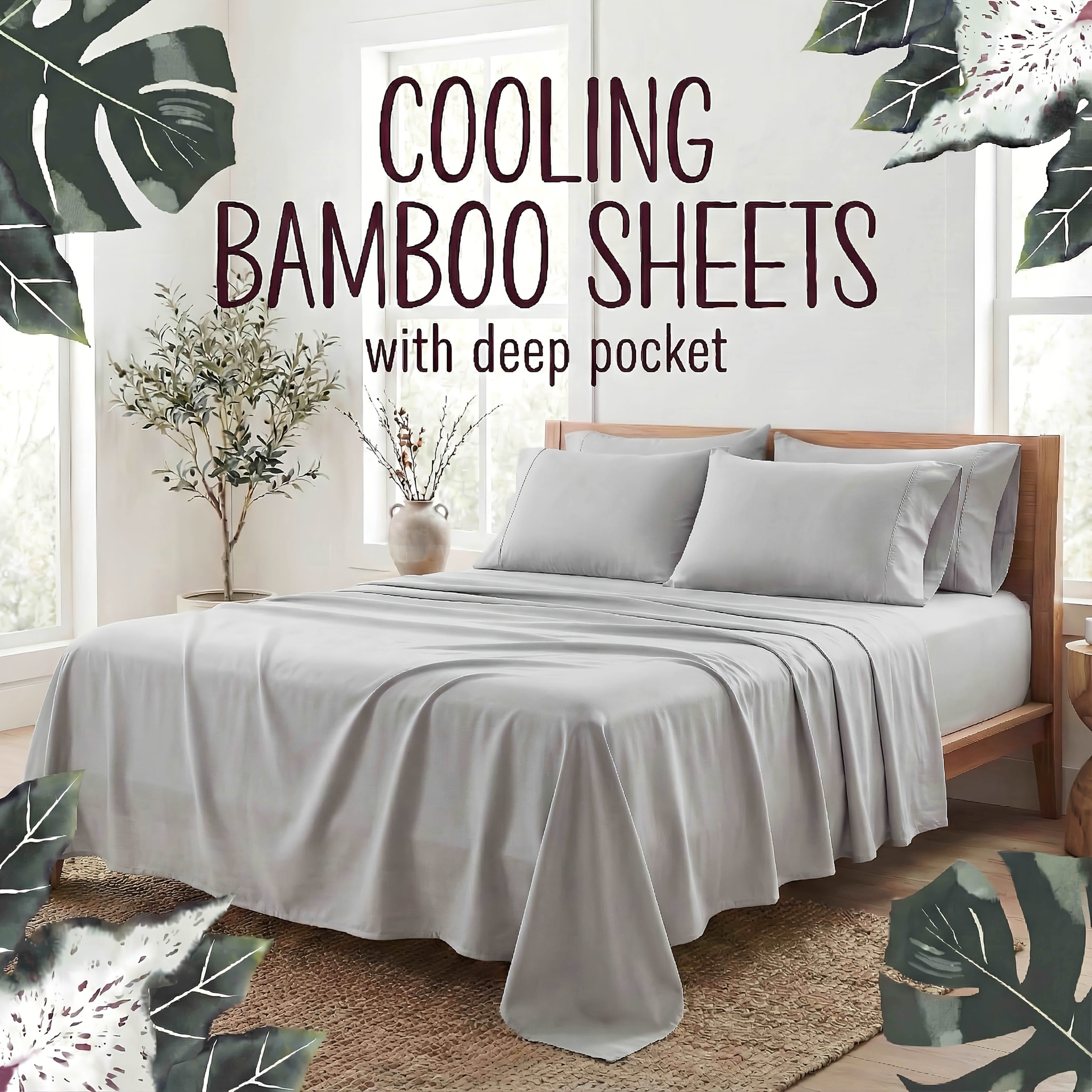 Bamboo Fiber Bed Sheet Set 4-Piece ¨C Cooling Sheets, Hypoallergenic, Deep Pocket Fitted Sheet, Wrinkle-Free Bedding for All Seasons, Twin Full Queen King