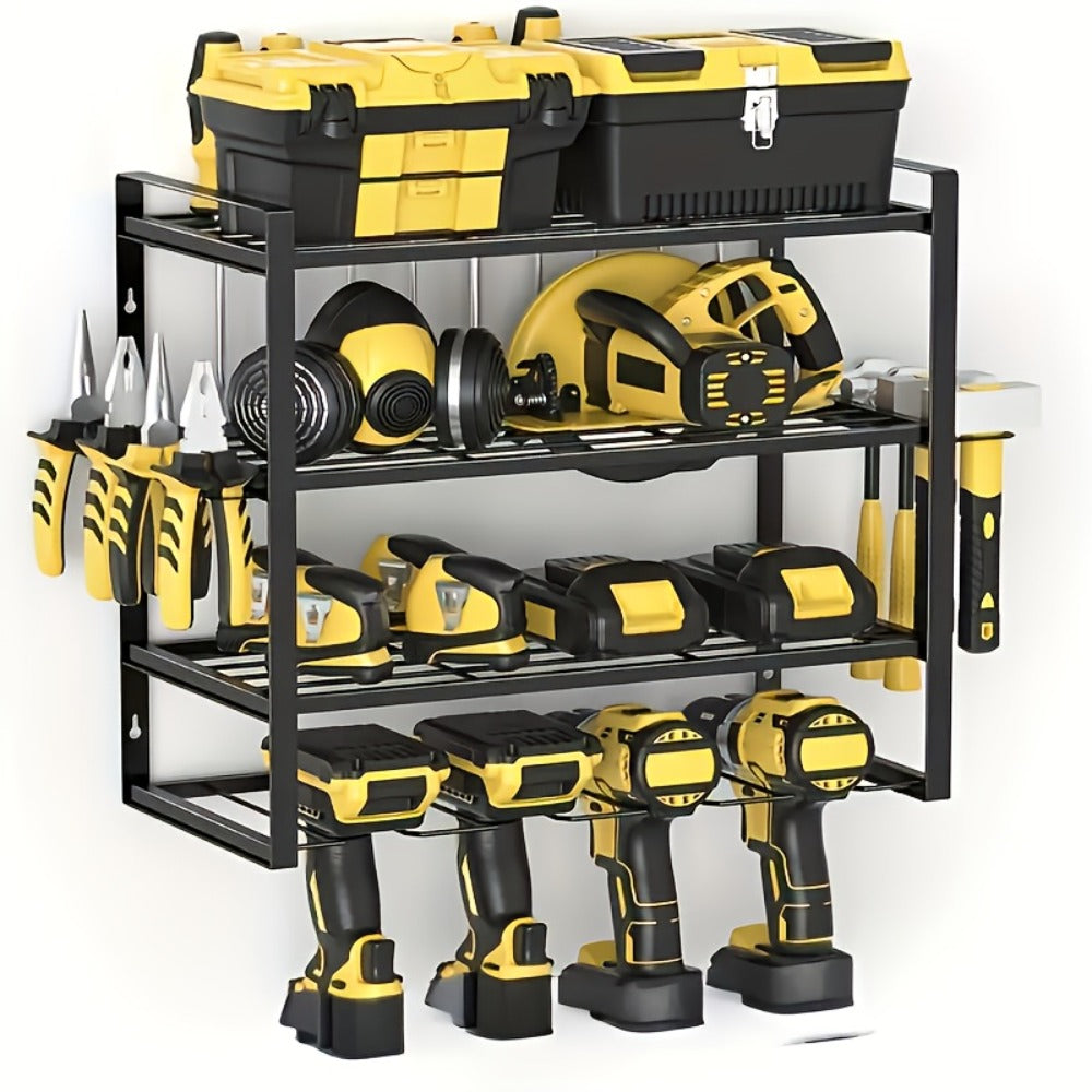 Wall Tool Storage Rack Heavy Duty Metal Organizer - 4 Layer Cordless Drill Holder Clamp Bracket Workbench Wall Mount Space Saving Workshop Garage Storage