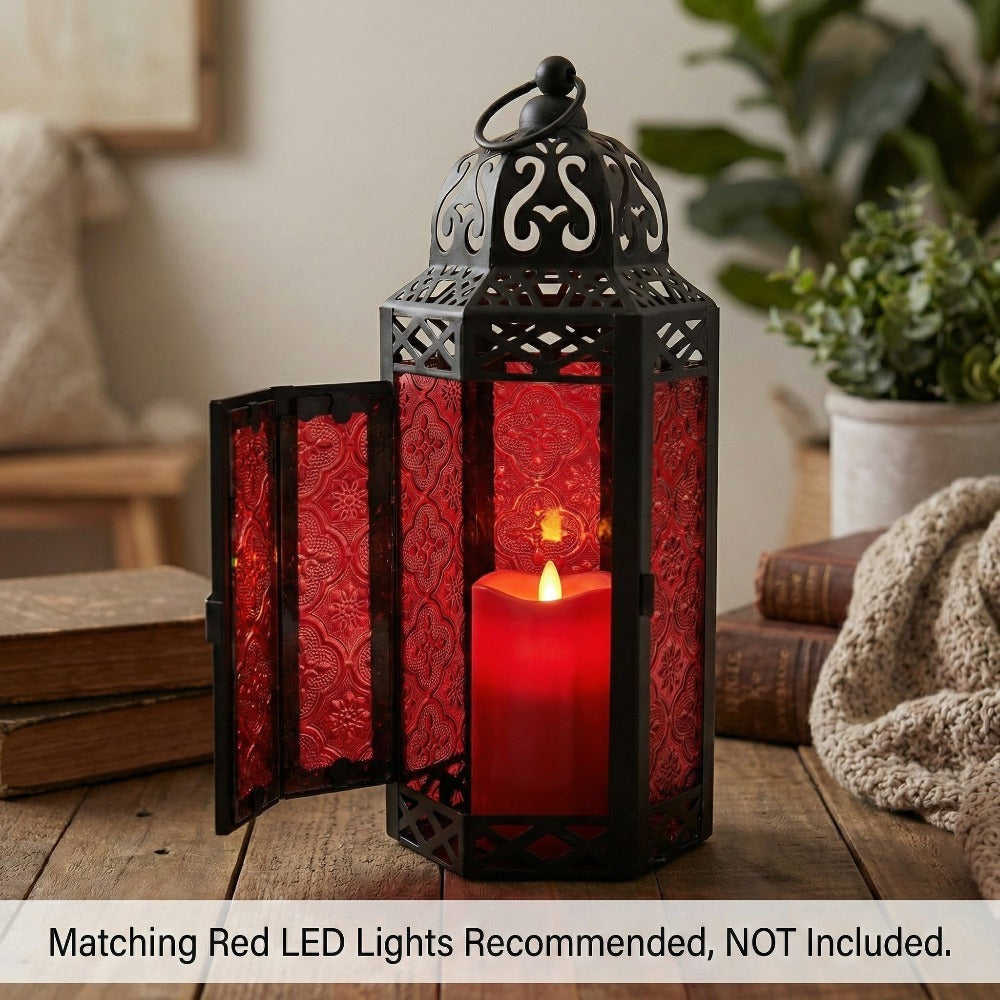Moroccan Candle Lantern Holder - Decorative Metal & Glass Lantern with Embossed Floral Design for Indoor Home Decor, Garden, Patio, Weddings, Ramadan, Halloween & Holiday Celebrations - 10.5¡± Tall Medium Size