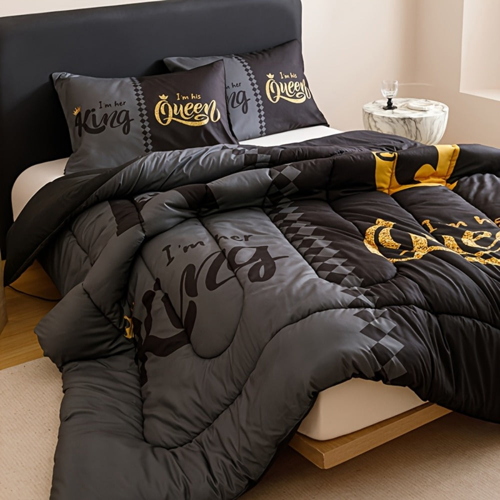 Comforter Set 3-Piece ¨C Soft Breathable Quilt with 2 Pillowcases, Black Grey Color Block Crown Letter Print, Twin Full Queen King, 180GSM Bedroom Bedding Set