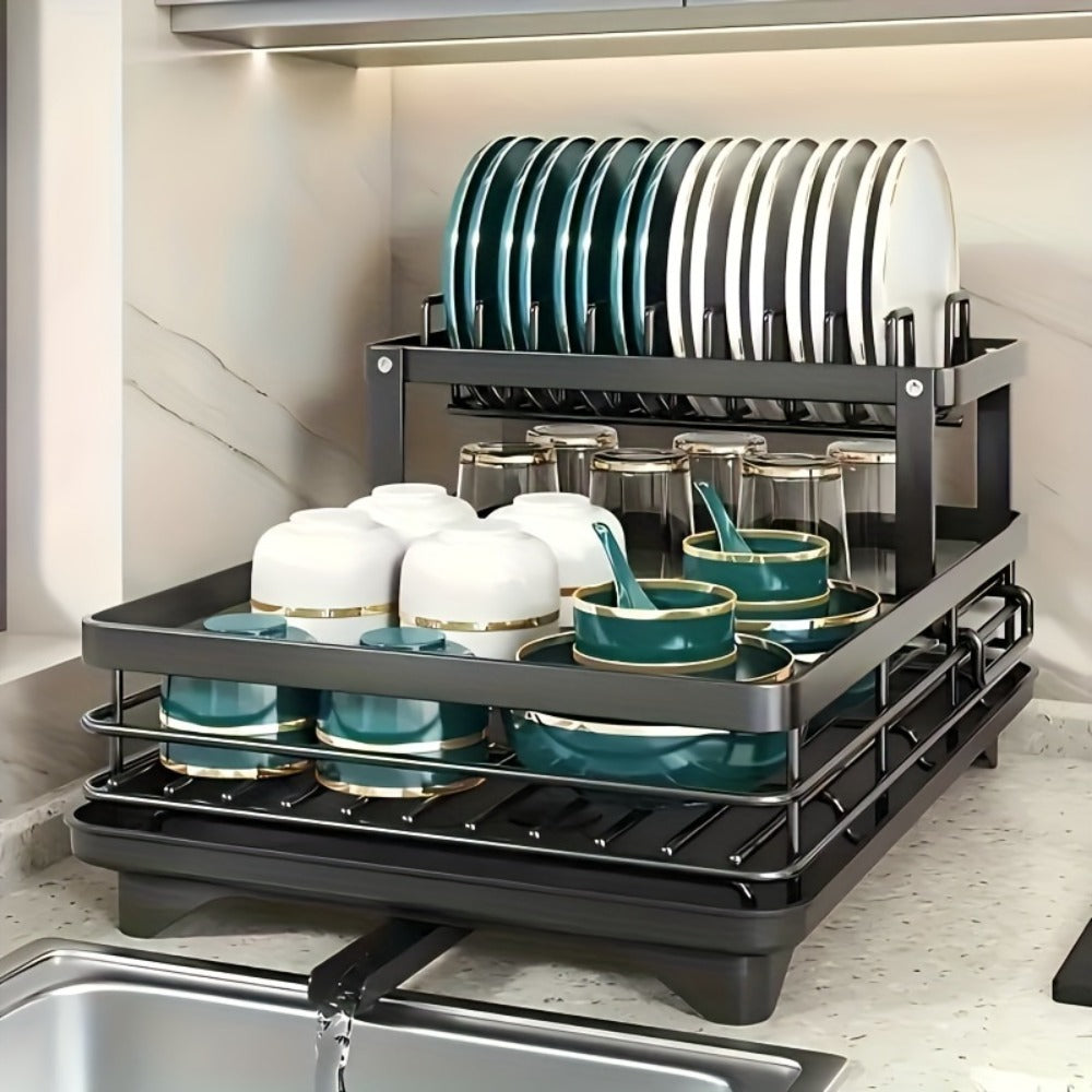 2-Tier Dish Drying Rack with Drainboard & Mat ¨C Metal Dish Rack for Kitchen Counter with Knife Fork Cup Holder