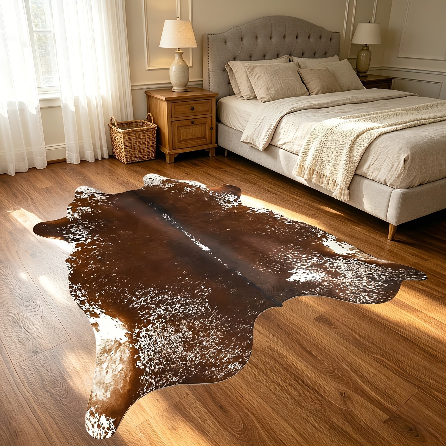 Faux Cowhide Rug Brown Western Style Area Carpet | Non-Slip Suede Backing | 5.2¡Á4.6 & 6.2¡Á5.2 Ft | Living Room Bedroom Office