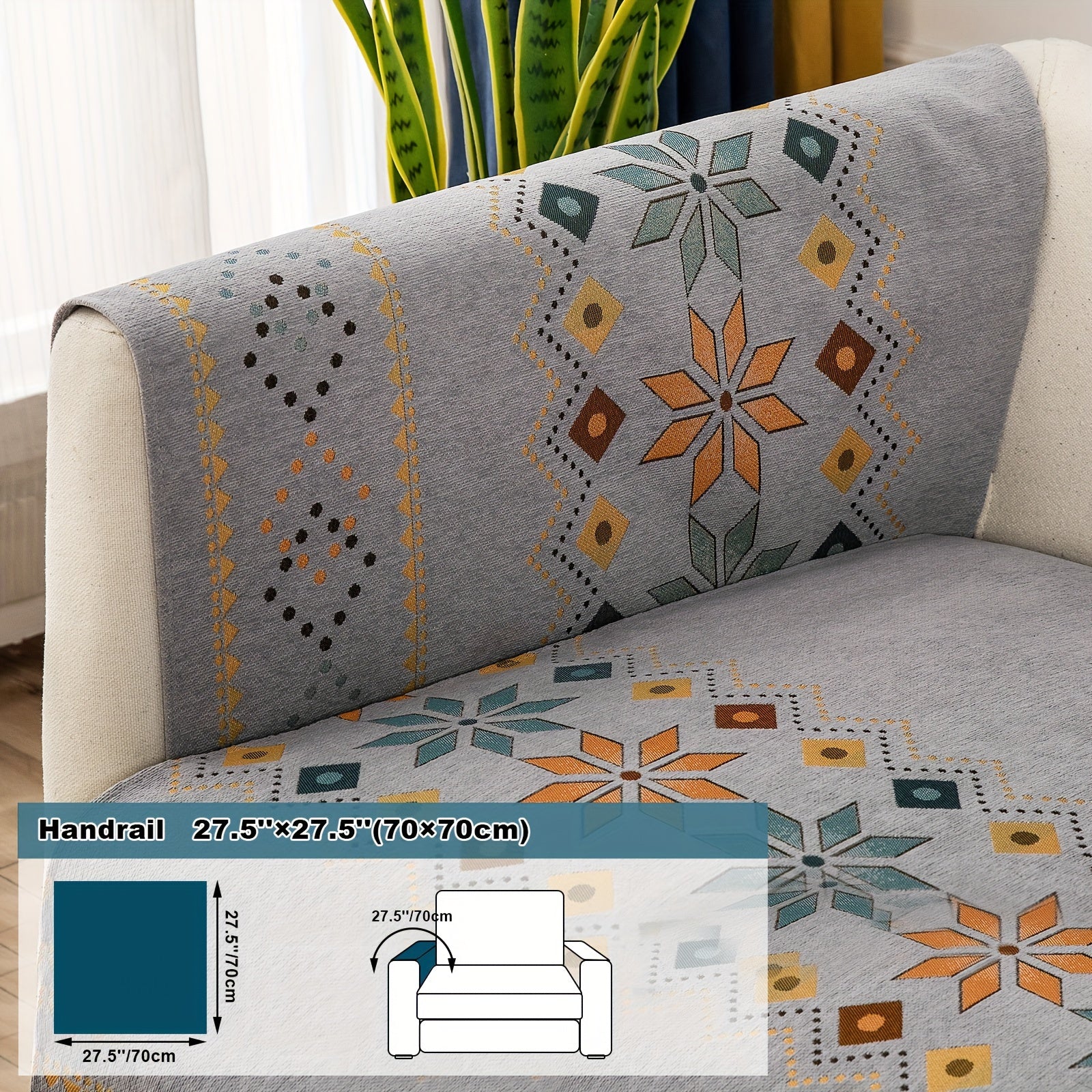 Bohemian Chenille Sofa Cover | Geometric Print Non-Slip Couch Slipcover, Thick Plush Boho Style, 1 to 4 Seat, Armrest & Backrest, Machine Washable, Sectional Sofa Protector