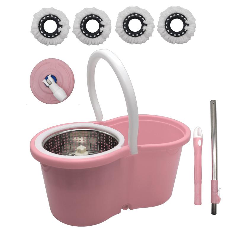 360 Spin Mop and Bucket Set with Wringer - Stainless Steel Extended Handle Spinning Mop Bucket System with Microfiber Mop Refills for Hardwood, Tile & Laminate Floor Cleaning, Black Blue Pink Red