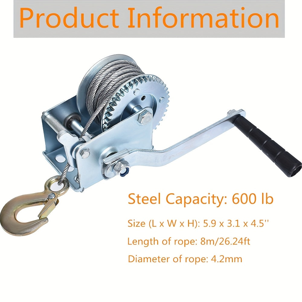 Manual Hand Winch Heavy Duty Carbon Steel 800-1600 lbs - Double Brake Safety System, Strap Winch with Mooring Hook & Safety Pawl, for Boat, ATV, Trailer, Farm, Garage & Industrial Pulling Tasks