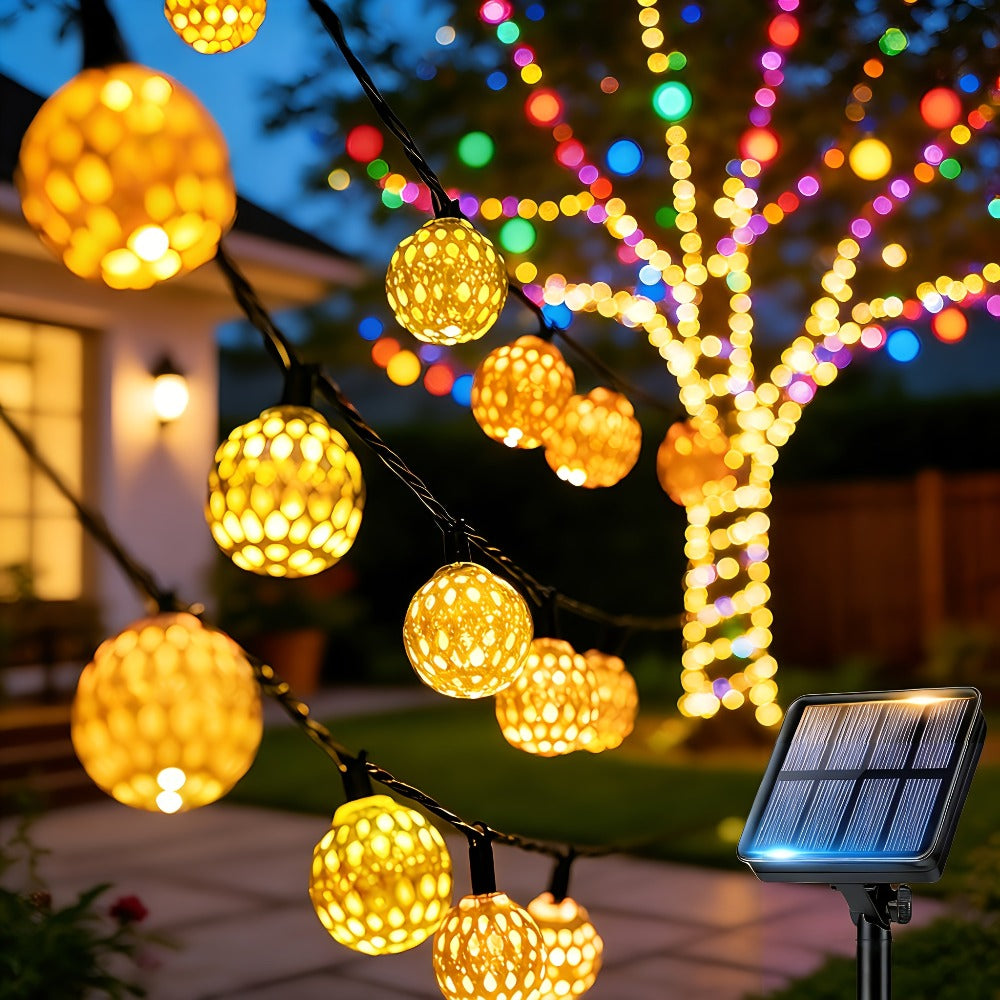 Moroccan Solar String Lights Outdoor - Metal Sphere Fairy Lights with 20/30/50 LED Beads, 8 Modes, IPX65 Waterproof | Boho Garden Lights for Patio, Lawn, Wedding, Christmas Tree & Party Decoration