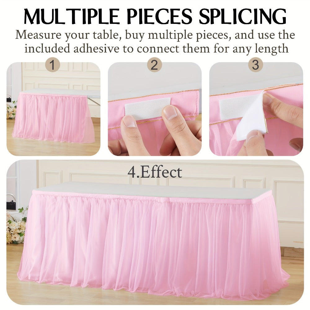 Pink Tutu Table Skirt 6ft ¨C Ruffle Tulle Table Skirt for Rectangle & Round Tables, Princess Girls Birthday Party, Cake Dessert Table Decor, Gold Brim, Multiple Colors Available