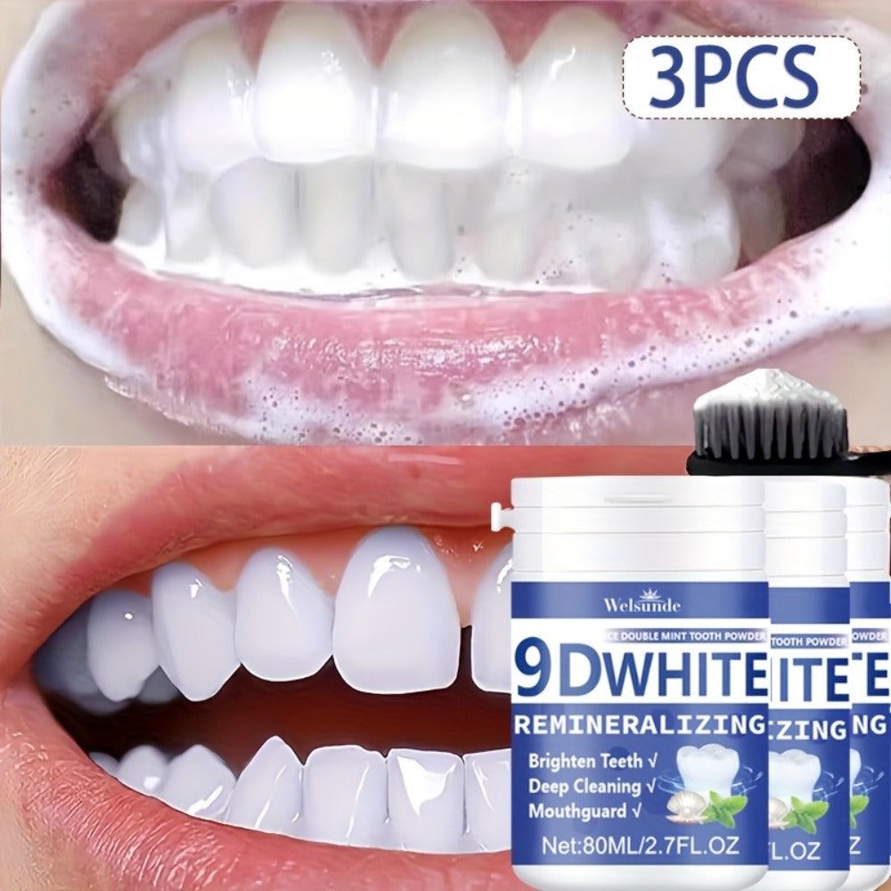 Teeth Whitening Tooth Powder 3-Pack ¨C 9D White Deep Cleaning Dental Powder with Fresh Mint Flavor, 80ml Each, Removes Stains, Freshens Breath, Travel-Friendly Daily Dentifrice for Women and Men