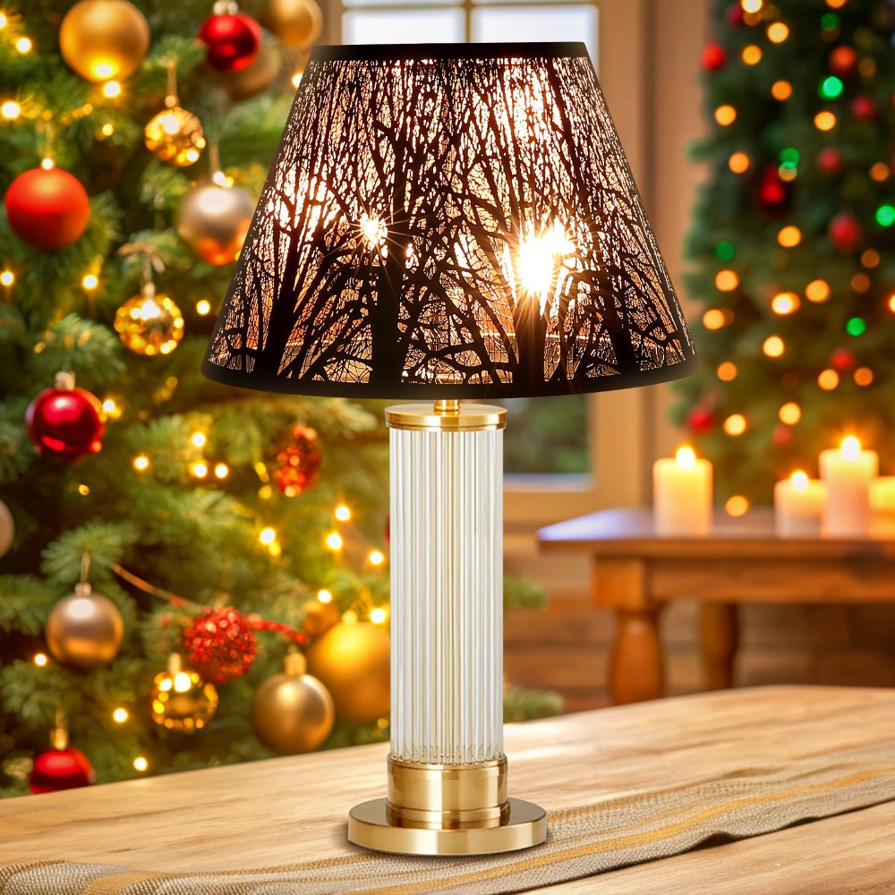 Metal Lampshade Etched Forest & Leaf Design | Black Exterior Gold Interior | Barrel Lamp Shade for Table Lamp & Floor Lamp | Medium Large Decorative Lampshade 7x13x7.8 inch