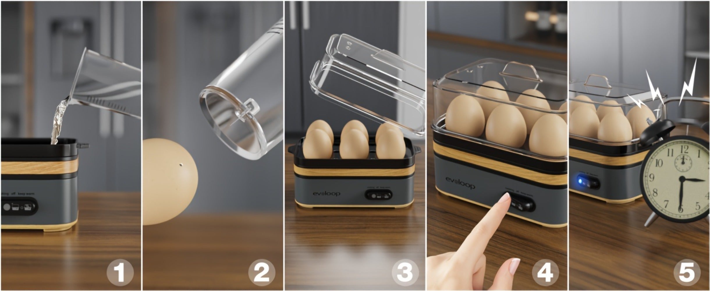 Electric Egg Cooker 6 Egg Capacity Rapid BPA Free Stainless Steel 400W for Hard Boiled Poached Scrambled Eggs Omelets Auto Shut Off Kitchen Appliance Green Wood Silver