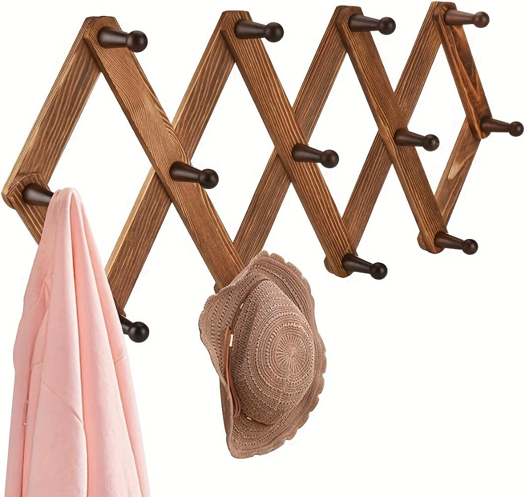 Wall Hat Rack Expandable Wood Accordion Hanger - 13 Hooks for Baseball Caps Coats Scarves Jewelry, Vintage Entryway Hallway Organizer