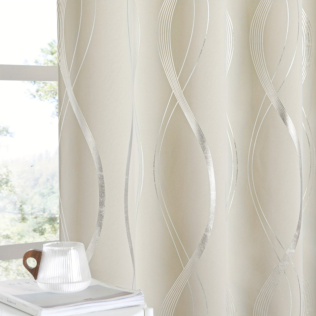 Thermal Insulated Blackout Curtains 2 Panels Wave Line Foil Print Noise Reducing Room Darkening Drapes for Bedroom Living Room Patio Sliding Glass Door