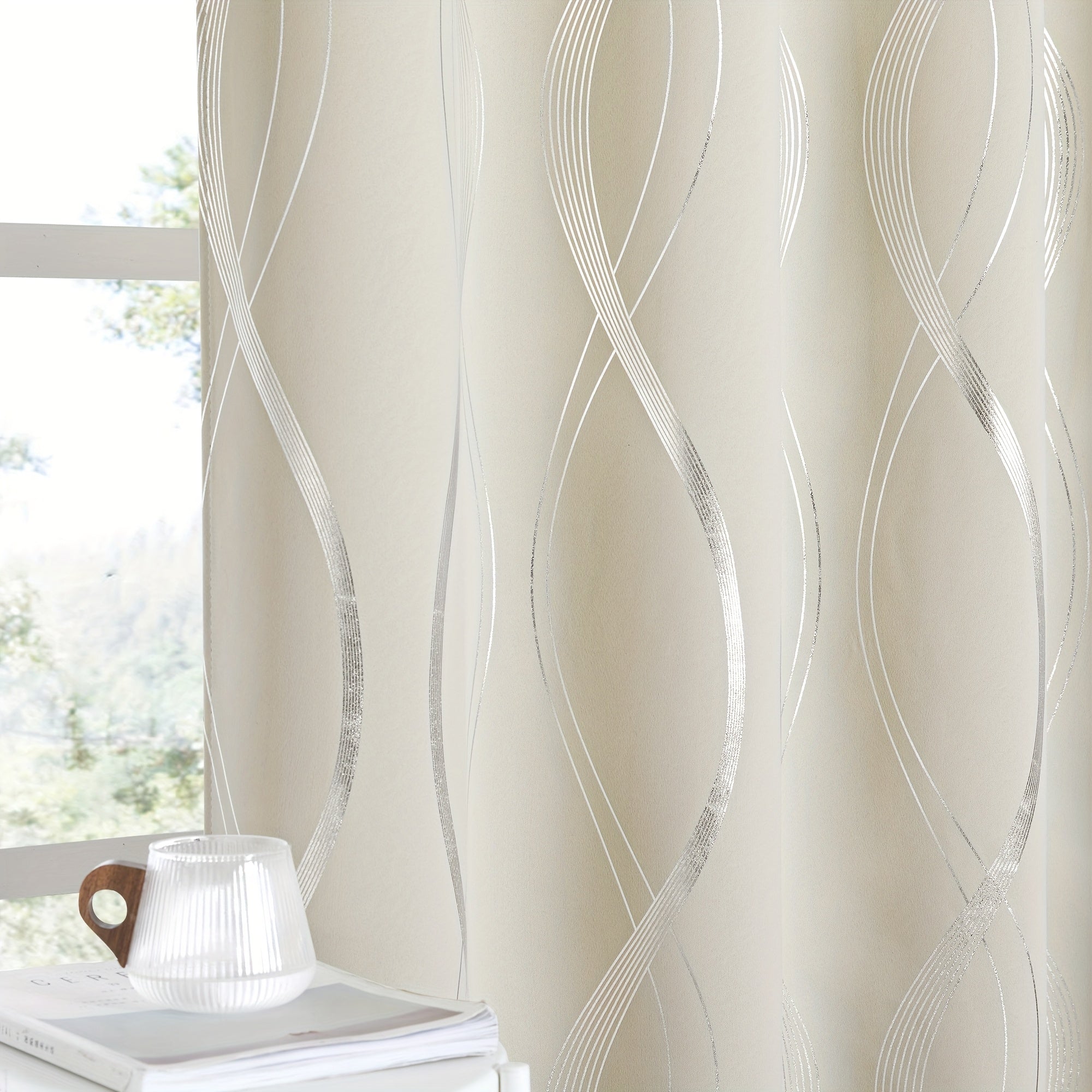 Thermal Insulated Blackout Curtains 2 Panels Wave Line Foil Print Noise Reducing Room Darkening Drapes for Bedroom Living Room Patio Sliding Glass Door