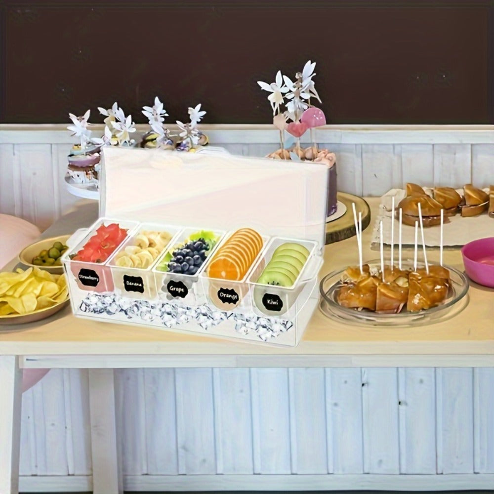 Fruit Salad Bowl with Lid and 5 Compartments, Portable Chilled Serving Tray with 5 Forks and 2 Tongs, Detachable Fruit Storage Box for Party Entertaining Bar Decoration Buffet Table