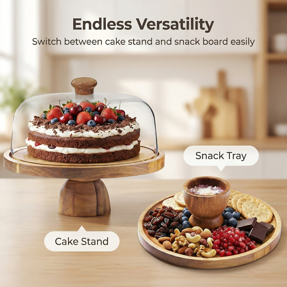 Cake Stand with Acrylic Dome Lid ¨C Acacia Wood Serving Platter 2-in-1 Round Shatterproof Dessert Display Tray for Cheese Charcuterie Fruit Veggie Chips Party Table Centerpiece Holiday Gift